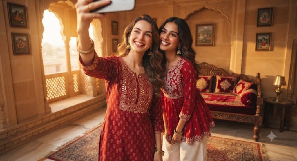 Selfie Ready Red Kurti Captions