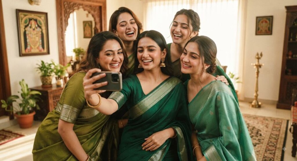 Selfies & Green Saree Captions